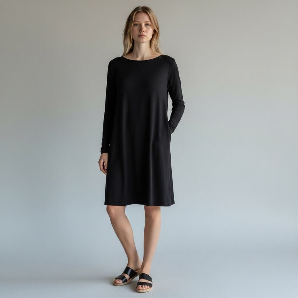 Wool& Wooland Black Long Sleeve Merino Wool Rowena Swing Dress Size Small Long